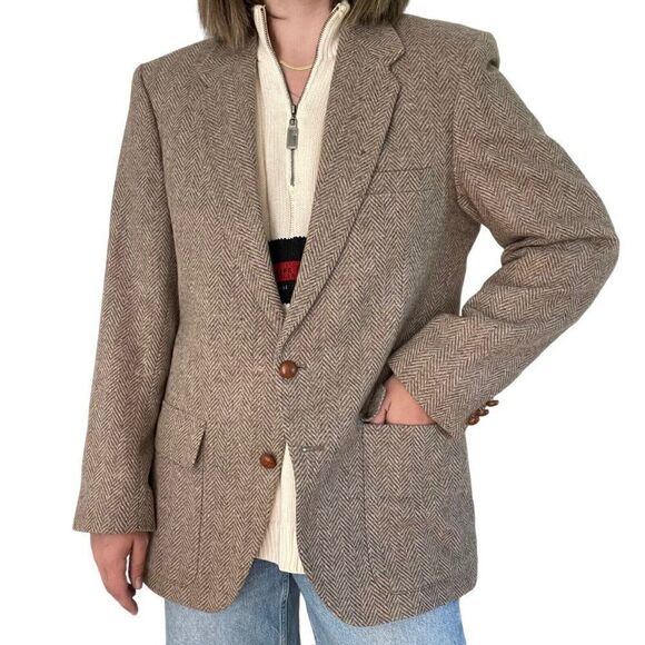 Farah Tan Brown Wool Herringbone Equestrian Preppy Sport Coat Blazer 40R - Picture 5 of 9